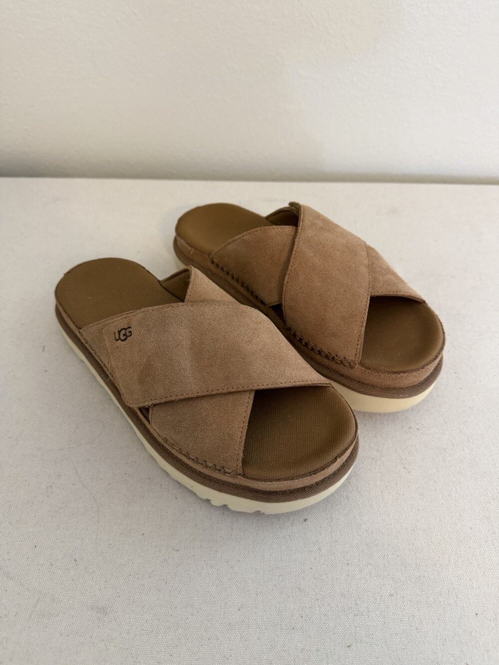 Ugg Goldenstar Cross Slide Chestnut Suede Men 7.5 Women 9
